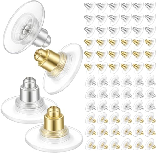 JJUNW 10mm Rohlinge Ohrring Silikon, 240 Stück Ohrring Stopper Ohrstecker Verschluss Transparente Sicherheits-Ohrring-Verschlüsse mit Metallkern für Hakenohrringe Ohrstecker Creolen DIY(Gold+Silber)