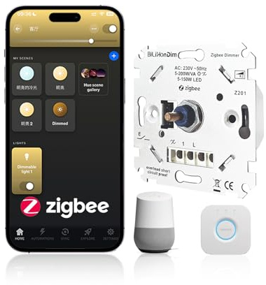 Bilihondim Zigbee 3.0 Drehdimmer Wandschalter|200W LED mit Taster-Anschluss Phasenabschnitt-Steuerung für dimmbare Lampen|Trafos & Leuchten|ohne Neutralleiter