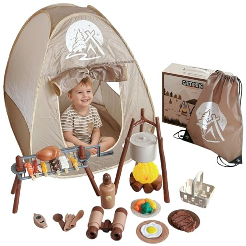 Kids Camping Set, 34 Pcs Pretend Camping Toys with Tent, Rotating Grill & Campfire for Imaginative Play, Set for Kids 3-5, Indoor Outdoor Adventure Toys for Toddlers