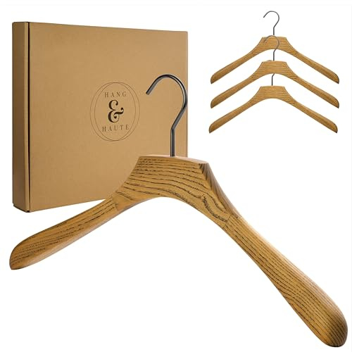 Hang & Haute 4er-Set Premium Holzkleiderbügel, Breit aus hochwertiger Esche, 44cm Standardgröße, Naturholz-Design, Anti-Rutsch, Drehbarer Haken 360°, Ideal für Jacken, Mäntel, Anzüge, Hemden, Shirts
