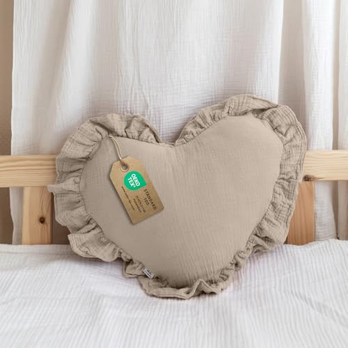 Dekokissen Kinderzimmer [Kuschel Kissen in Herz- & Sternform] - Kuschelkissen Kinder aus 100% Musselin-Baumwolle - handgenäht & weich in 12 Farben - Herzkissen Sternkissen Deko fürs Kinderbett