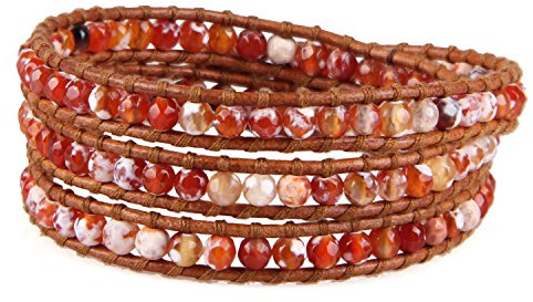 KELITCH 3 Wickelarmbänder für Damen Retro Klassiker Armbänder Silber Metall Nugget Cuff Lederarmbänder - Vintage Rot 53