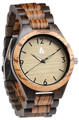 Treehut Wooden Watch for Men with Adjustable Band and Stainless Steel Clasp, Japanese Quartz Analog Watch with Wrist Wood Watch Made from Ebony and Zebrawood