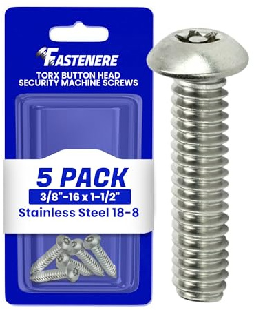 Fastenere Torx Security Machine Screws, 3/8-16 x 1-1/2 Stainless Steel, Tamper-Resistant Button Head Electrical Outlet Screws for Wall Plates, Panels, Fixtures, Covers & Metal Enclosures, (5 Pack)