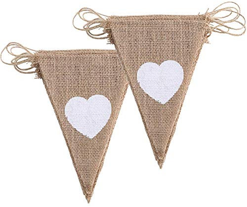 ManYee - Guirnalda de banderas para boda de tela, banderola de yute rústico, Bunting, bandera triangular, diseño de corazón blanco para fiesta de boda, decoración de cumpleaños (2 piezas)
