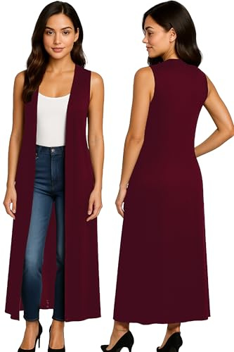 Re Tech UK - Ladies Sleeveless Cardigan | Womens Summer Lightweight Longline Waistcoat | Waterfall Open Front Maxi Cardigan | Thin Boyfriend Cardigans for Women UK (20-22 XXL Wine)