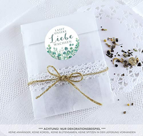 Blütensamen Tüten Set 24 Sticker LASST UNSERE Liebe WACHSEN Boho WEIß BLÄTTER ZWEIGE EUKALYPTUS GRÜN Ø 4cm matt + 24 Flachbeutel weiß 130 x 95 + 16 mm • Hochzeit Taufe Gastgeschenk Deko