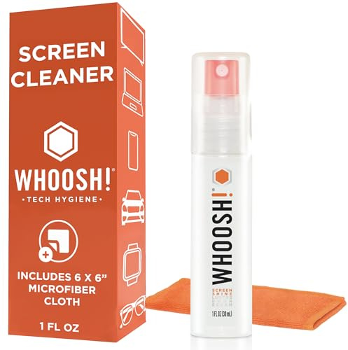 WHOOSH! Screen Shine Go - 1 fl oz Refillable Screen Cleaner Kit with Microfiber Cloth for MacBook, Phone, iPad & Eyeglasses - Powerful Streak-Free Cleaning - Pocket-Sized, TSA-Approved for Travel