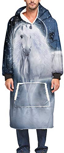 Morbuy-Shop Oversize Peignoir de Chambre Couverture, Loup Imprimé Hoodie avec Manches et Poche Chaud Doux Sweat à Capuche Wearable Lazy TV Pyjamas pour Adultes Homme et Femme (Taille Unique,Cheval)