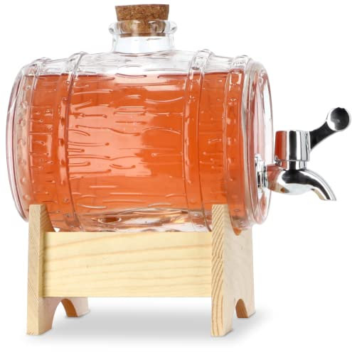 KADAX Barile con Rubinetto, Dispenser per Bevande a forma di Bocca, Dispenser in Vetro, Dispenser trasparente con Base in Legno, Dispenser per Whisky, brandy (1L)