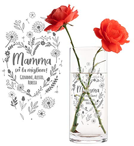 Casa Vivente Vaso da Fiori Rotondo in Vetro con Incisione Personalizzata per la Mamma, Accessori Decorativi Casa e Giardino, Idee Regalo Festa della Mamma
