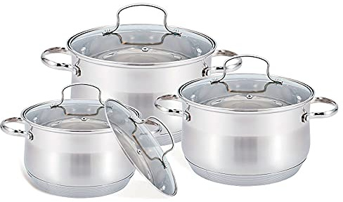 Maestro MR-3512-6M Batería de Cocina Acero Inoxidable, 6 Piezas, Inducción, 3 Cacerolas, 3 Tapas de Cristal, Apta Para Todo Tipo de Cocinas, Apta Lavavajillas