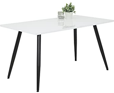 Hela Tische, Anika Table De Salle À Manger, Rectangulaire, Bois Laqué, Blanc Brillant, Piètement Tubulaire Rond Noir, 140 x 90 cm