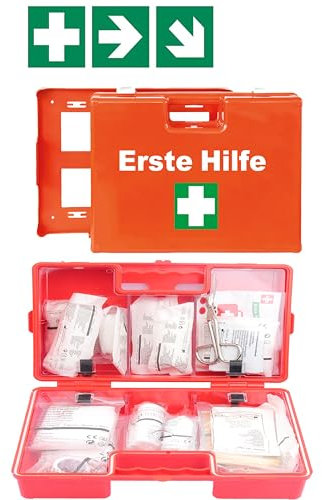 FireMat Trousse de premiers secours DIN 13157 : 64 pièces + support mural et panneaux de sauvetage avec coussinet rafraîchissant