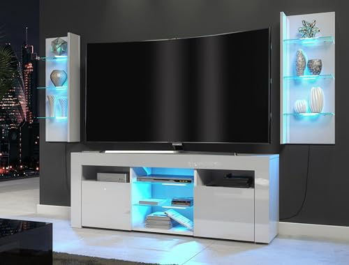 Furneo ClifPuz09 – Ensemble de salon blanc brillant et mat, meuble TV, vitrine, lumières LED bleues