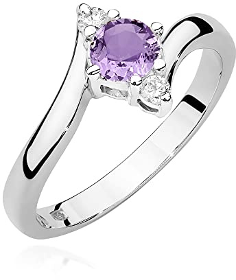 Weißgold Damenring verziert mit Amethyst 0.50Ct zusammen mit Diamanten, 14 Karat Gold (585) | Goldring inklusive Box | Goldring für Frau (Amethyst, 58 (18.5))