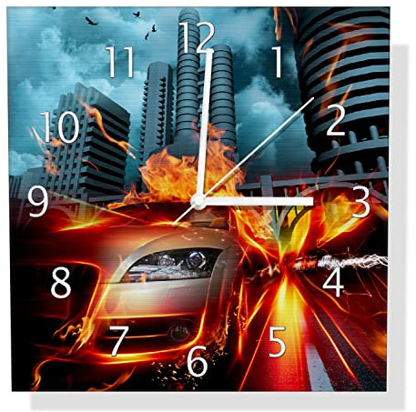 Wallario Design Wanduhr Brennendes fahrendes Auto aus Aluverbund, Alu-Uhr Größe 30 x 30 cm, weiße Zeiger mit Metalloptik