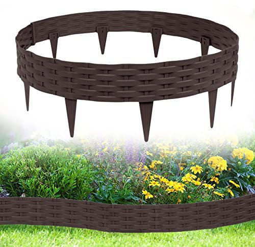 UISEBRT Rasenkante Kunstoff 5m Beeteinfassung Gartenzaun Beetumrandungen Rattan-Optik Randsteine Palisaden Garten Dekorativ Border Blumenbeet Gartenpalisade, Braun