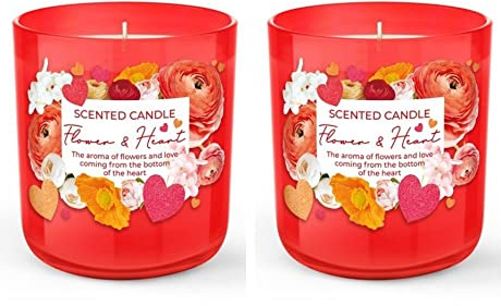 Dekohelden24 Duftkerze/Windlicht/Kerze im Glas - 2er Set/Duftrichtung Flower & Heart, L/B/H 8,5 x 8 x 8,5 cm, 150g