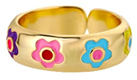 MAYIYAHO Anneaux de Fleurs en émail coloré pour Femmes en Acier Inoxydable Ouvert réglable Floral Bague de Doigt Bande de Mariage Couple Bijoux Anillos