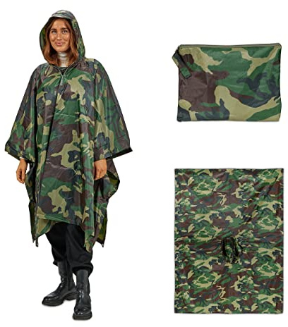 Relaxdays Chubasquero Camuflaje, Poncho Lluvia Reutilizable, Chaqueta Impermeable Multifuncional, Unisex, Verde y Marrón