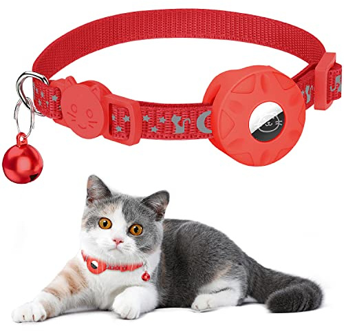 Airtag Katzenhalsband, Integriertes Katzenhalsband Airtag mit AirTag Halter und Glocke,Reflektierendes Katzenhalsband mit abbrechbarer Sicherheitsschnalle für Kätzchen Welpen (rot)