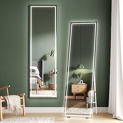 Dripex LED Full Length Floor Standing Mirror, 160x40CM Wall Mounted Mirror with Dimming & 3 Color Lighting for Bedroom (White Frame)