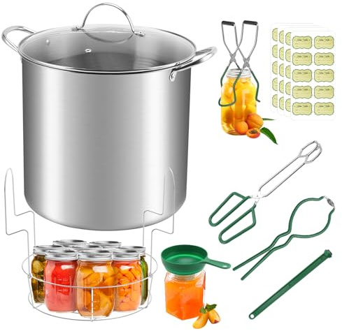 Fulgutonit Edelstahl-Wasserbad-Einmachtopf mit Gestell und Deckel, Starter-Set und 6-teiliges Einmachwerkzeug-Set, Wasserbadkanne für Anfänger