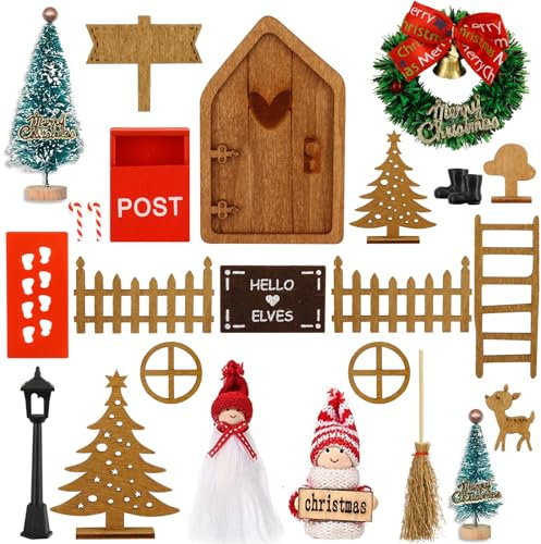 Juego de Accesorios para Puerta de Navidad 26 Pcs,con Buzón Botas Arbol de Navidad Valla,Decoración Puerta Madera,Miniatura Casa de Muñecas Navidad,Decoración de Navidad,Regalo DIY para Niños