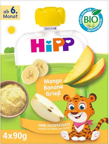 HiPP Bio Quetschie Mango Banane Grieß,16 Stück (4er Pack mit je 4 x 90g), für Babys ab 6. Monat, ohne Zuckerzusatz, vegan, in bester Bio-Qualität