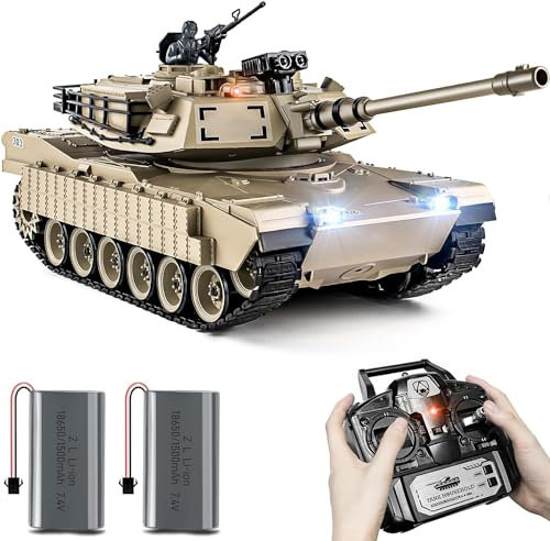 RC Panzer 1/18 USA M1A2 Abrams, 2.4GHz Panzer Ferngesteuert mit Schussfunktion, WW2 Modell, Kampfpanzer mit Rauch, Spielzeug mit Licht und Sound für Erwachsene und Kinder