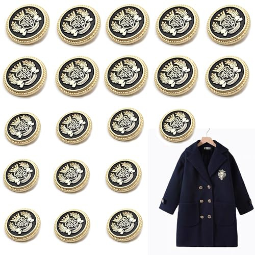 DHER Metall Knöpfe für Jacke Metallknöpfe für Jacken Mäntel Uniform 20 Stück Metallknöpfe, Anzugknöpfe, 18 mm/23 mm, Modische Kronenknöpfe aus Metall, Dekorative Knöpfe (Hellgold+Schwarz)