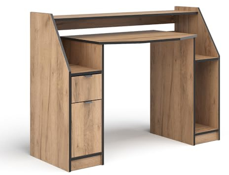 Vicco Gaming-Tisch Joel, Goldkraft Eiche, 123.2 x 45 cm | mit 1 Schublade und 1 Tür, mit Ablageflächen und erhöhtem Monitoraufsatz