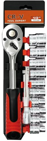 JinPhon 1/2 Coffret Douille, 12pcs Jeu De Clés À Cliquet 1/2, Coffret Clés À Douille Douilles Hexagonal Cr-V, Jeu De Douille Réversible Avec Tige D'extension (8-24 Mm)