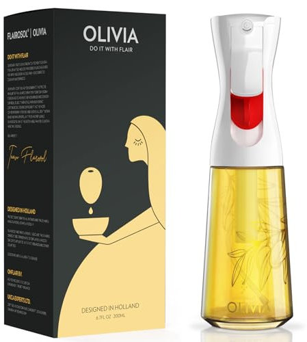 FLAIROSOL OLIVIA Pulverizador de Aceite para Cocinar, Pulverizador de Aceite de Oliva de Vidrio de 200 ml, Botella Pulverizadora de Aceite Continua con Control de Porciones, Barbacoa (Hojas Doradas)