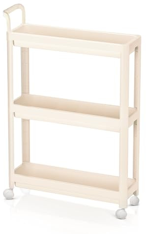 Froppi Storage Trolley on Wheels, 7-inch Fit, Cream Plastic 3 Tier Cart | L50.5 W17.5 H76 cm, Narrow, Handle, Slide Out, 3 Tier, Kitchen Utility Cart, Bath Trolley, Kitchen Storage & Organisation