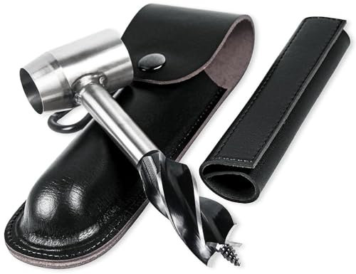 Foret de survie manuel avec coque en cuir noir - Kit de perceuse à main - Foret à main en bois - Pour le bushcraft, le camping et les voyages