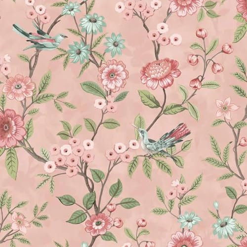 Eleanor Floral Birds Blush Pink Wallpaper - Flowers Botanical Naturistic Trail Leaves - Classic Stylish Feature Wall