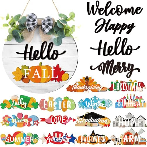 Burbell 20 Pieces Interchangeable Welcome Sign for All Seasons Seasonal Front Door Decor with 4 Pcs Sign and 15 Pcs Changeable Icons Farmhouse Front Porch Rustic Holiday Wooden Door Decor(White)