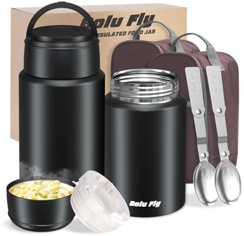 Bolu Fly 2 Pack Soup Thermo for Hot Food for Adults, Insulated Food Jar, Stainless Steel Vacuum Thermal Lunch Box Containers with Carry Bag and Spoon (18.5oz, 27oz) (Black)