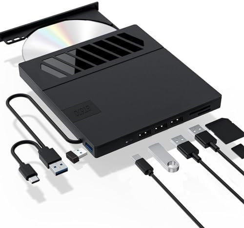 aichilra Unità CD e DVD esterne, masterizzatore CD portatile USB 3.0 di tipo C, con slot SD e porte USB, lettore DVD 8X CD 24X super veloce, lettore DVD per PC desktop MacOS Windows