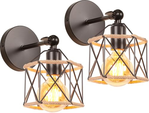 2 pezzi Lampada da Parete Industriale Vintage Applique da Parete E27 in Corda di Canapa Illuminazione a Soffitto Regolabile Metallo Design Gabbia 16CM Lampada a Muro per Camera da Letto Corridoio