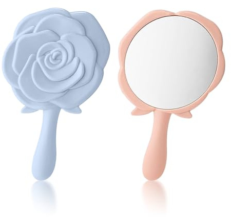 Kisstta Specchio a mano, piccolo specchio cosmetico con manico, specchio da viaggio, specchio tascabile, specchio a mano rosa, specchio multiuso per viaggi, campeggio e trucco (rosa, blu)