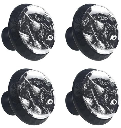 4 Pieces Drawer Knobs Halloween Brooms Flying Eyes Bats 35mm Black Base Dresser Knobs Closet Door Cabinet Hardware Handles Pulls for Kitchen Bedroom Cupboard