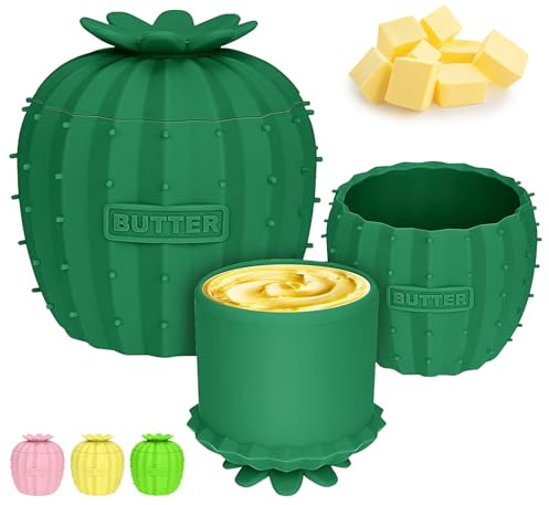 HMGES Beurrier français en silicone avec couvercle, 238,1 g/238 ml Cactus à tartiner, avec ligne d'eau à laisser sur le comptoir, joli récipient de rangement créatif pour comptoir Vert foncé