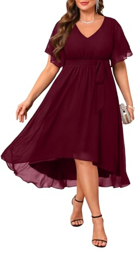 Talisea Kleid in Übergröße, für Hochzeitsgäste – formelles Cocktailkleid, Chiffon, V-Ausschnitt, Kurze Ärmel, hoch niedrig, kurvige Damenkleider, Weinrot, 50 Mehr
