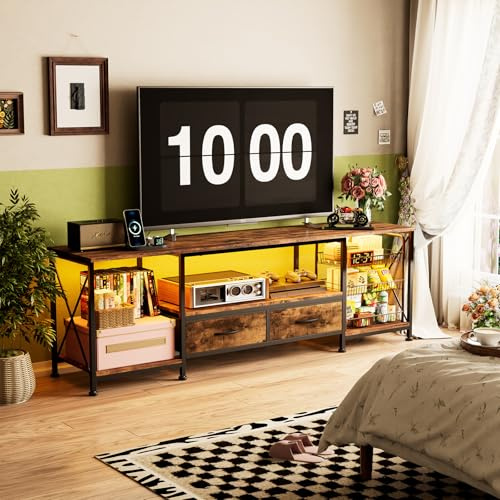 TV Schrank mit LED-Beleuchtung Steckdose, für fernsehschrank bis 70 Zoll | Großer Stauraum, Stabiler Stahlrahmen, 40x160x63cm tv board für Wohnzimmer Esszimmer Schlafzimmer Heimkino,vintagebraun