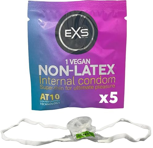 EXS Internal Female Condoms (5 Pack) Secure Fit with Soft Touch Loops, Thin Non-Latex with Non-Spermicidal Lube, PETA-Approved Vegan Condom, 3 Year Life - CE Marked NHS Approved Condoms