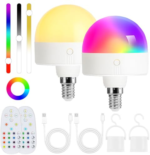 Psatfito Lampadina ricaricabile con timer e telecomando, lampadine a batteria dimmerabili E14 LED di ricarica rimovibile, lampade non cablate con 3 temperature di colore + 12 RGB, 2 Pezzis