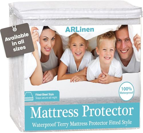 ARlinen 1 PC Olympic Queen Mattress Protector Fitted Style, Terry Cotton, Waterproof, Breathable, Noiseless Mattress Cover Fits Upto 15'' Deep Pocket, White